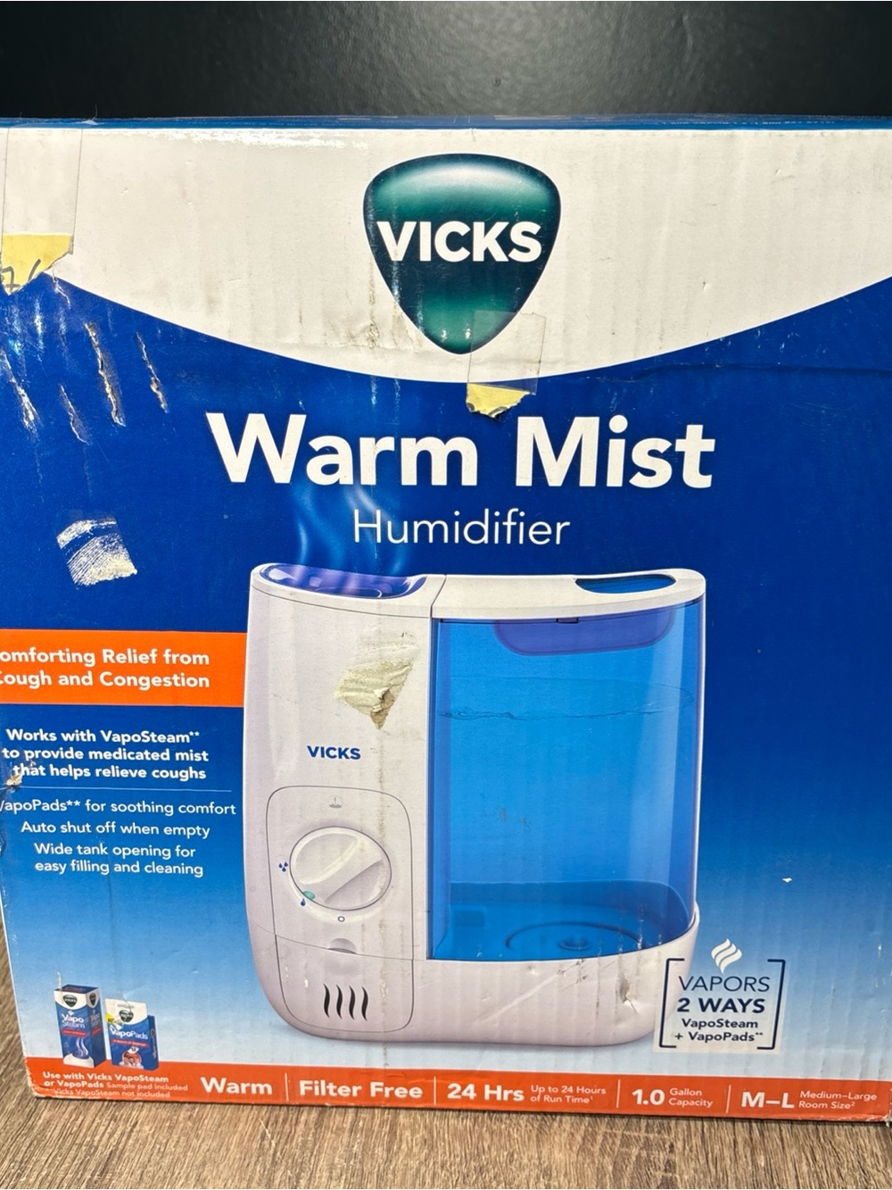 New In Box! Vicks Warm Mist Humidifier VWM845V2 1 Gallon Filterless White Blue